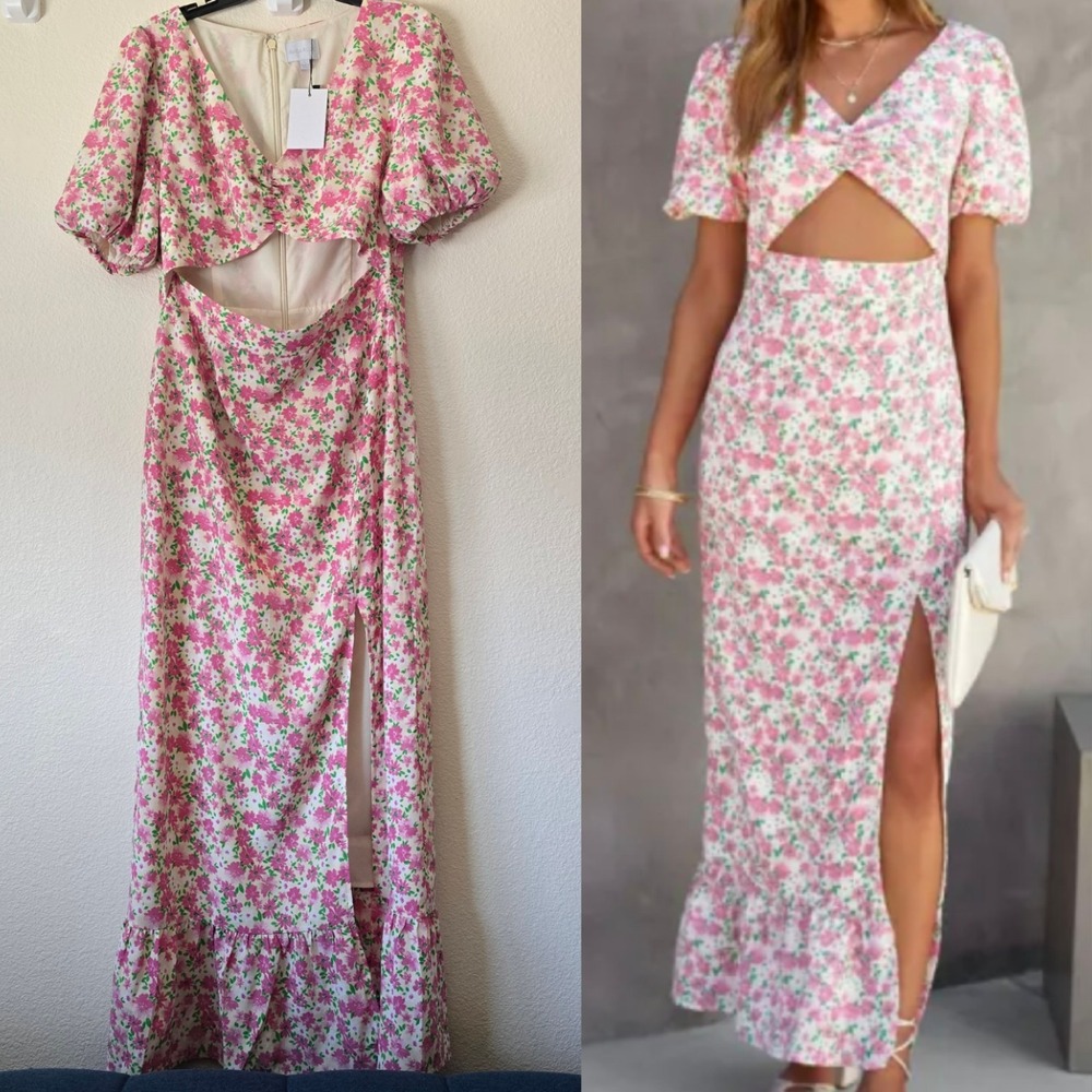 NWT‎ Sugar Lips Floral Maxi Dress Women Sz L Front Slit Wedding Cottagecore Chic